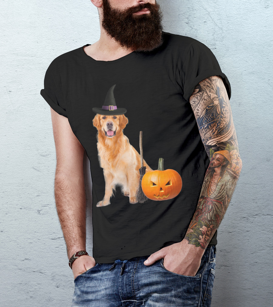 Golden Retriever Witch Hat Halloween Dog With Pumpkin And Broom T-Shirt