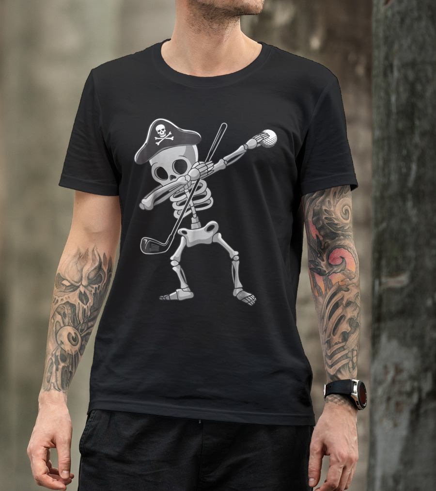 Golf Dabbing Skeleton Pirate Hat Skull Crossbones T-Shirt