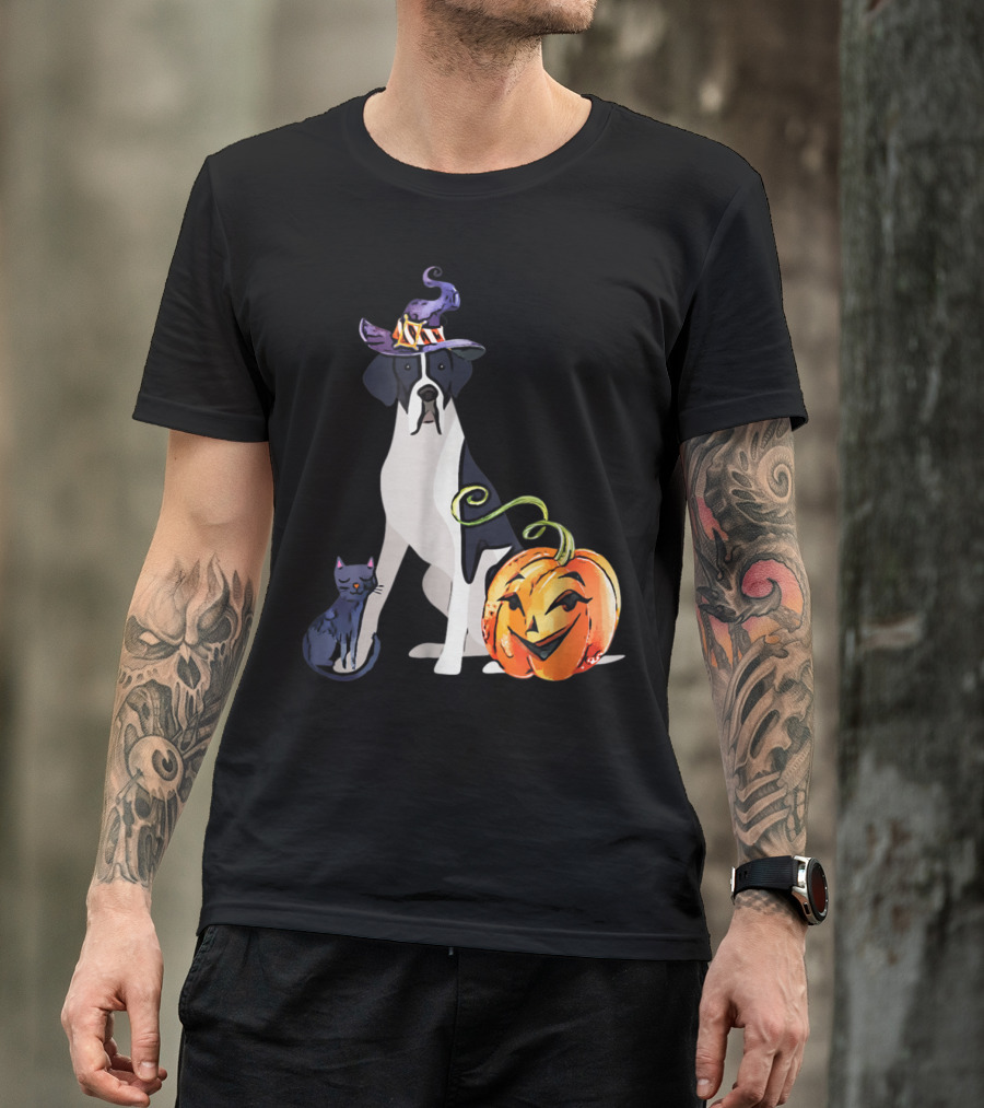 Great Dane Cat Witch Hat Pumpkin Halloween Mantle T-Shirt