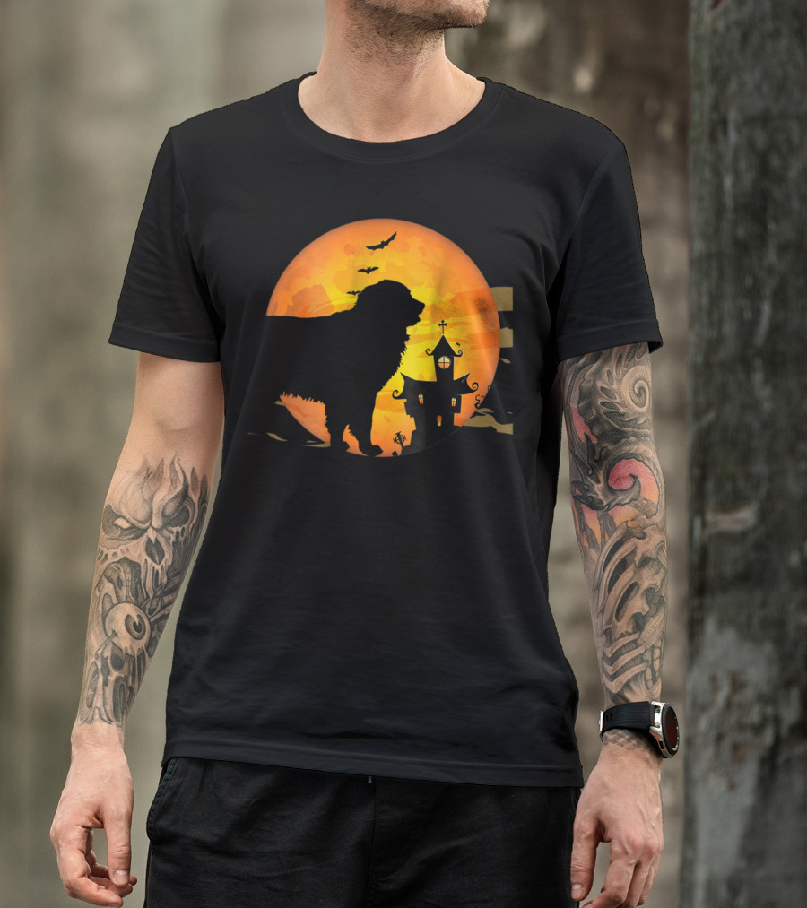 Great Pyrenees Halloween Haunted House Silhouette With Full Moon And Bats T-Shirt