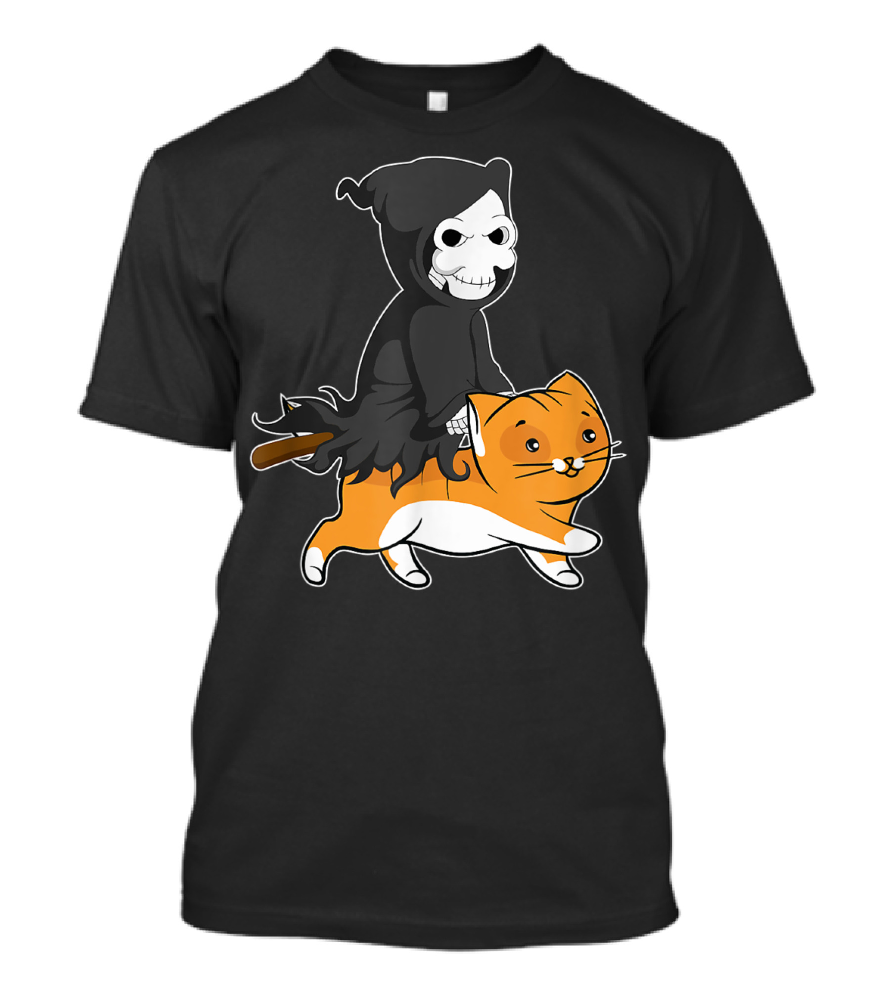 Grim Reaper Riding Cute Cat With Scythe In Hand T-Shirt