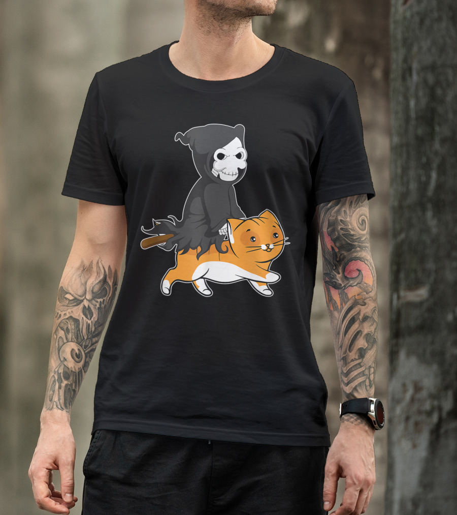 Grim Reaper Riding Cute Cat With Scythe In Hand T-Shirt