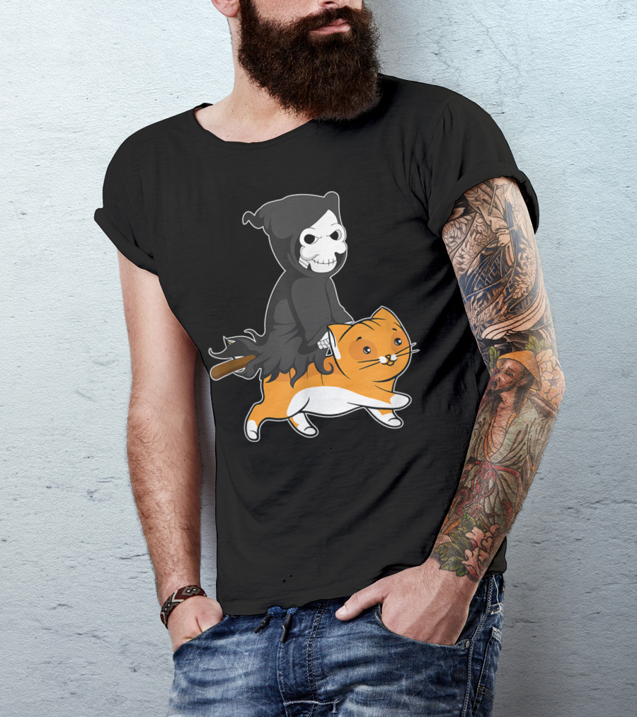 Grim Reaper Riding Cute Cat With Scythe In Hand T-Shirt