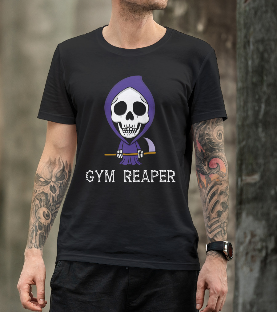 Gym Reaper Grim Reaper Sketched Skeleton Hooded Character With Scythe T-Shirt