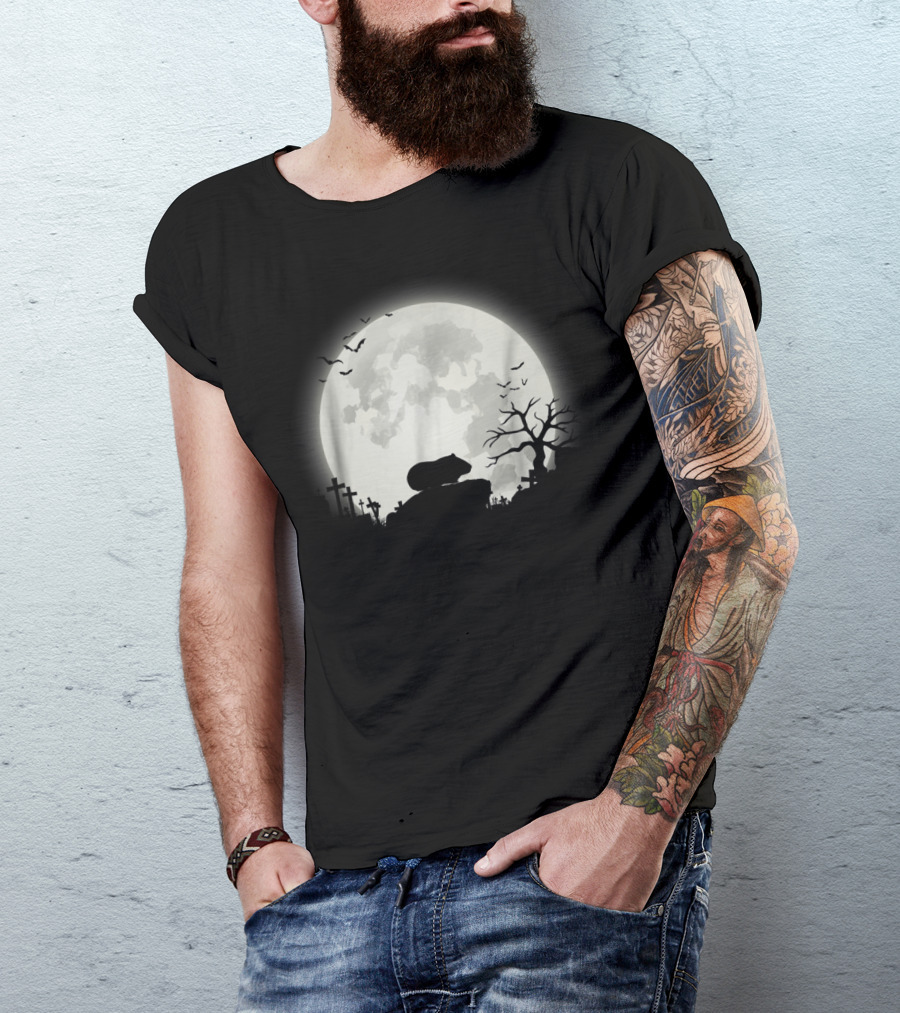 Guinea Pig Silhouette Under Full Moon In Spooky Graveyard Scene T-Shirt