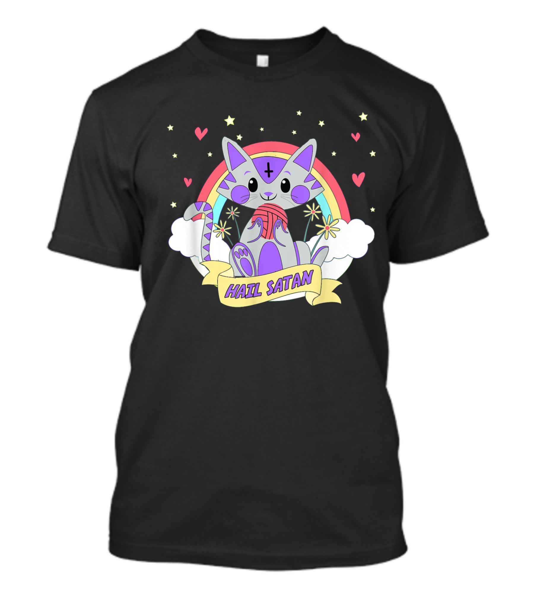 Hail Satan Cat Cute Satanic Kitten With Rainbow And Stars T-Shirt