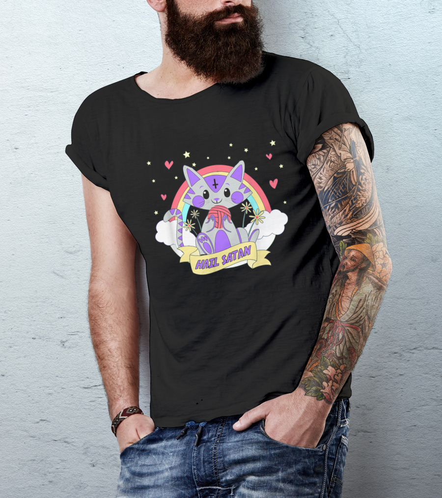 Hail Satan Cat Cute Satanic Kitten With Rainbow And Stars T-Shirt