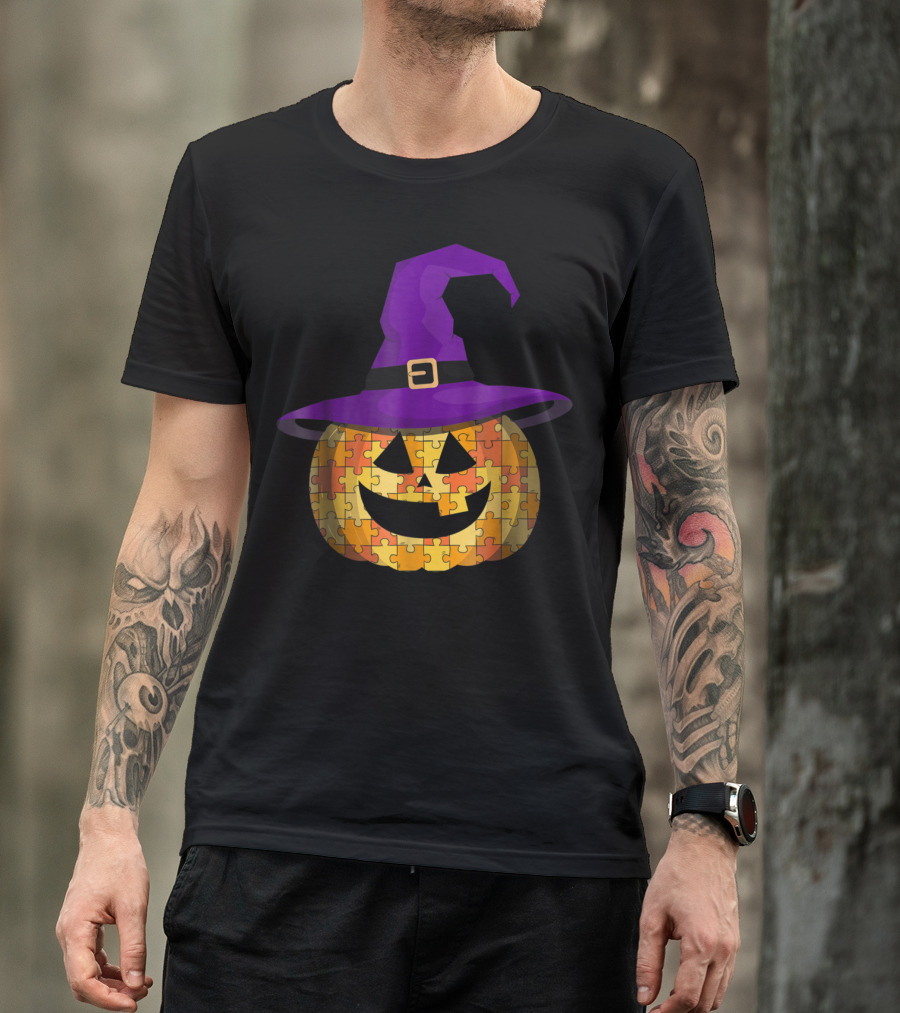 Halloween Autism Awareness Pumpkin Witch Hat Puzzle T-Shirt