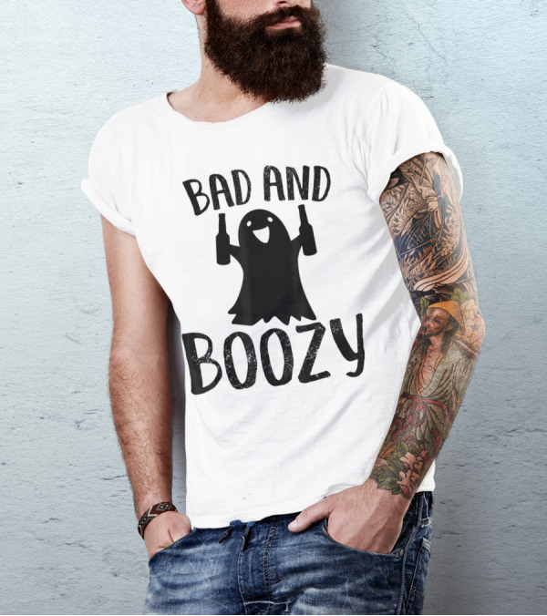 Bad And Boozy Halloween Ghost With Bottles T-Shirt