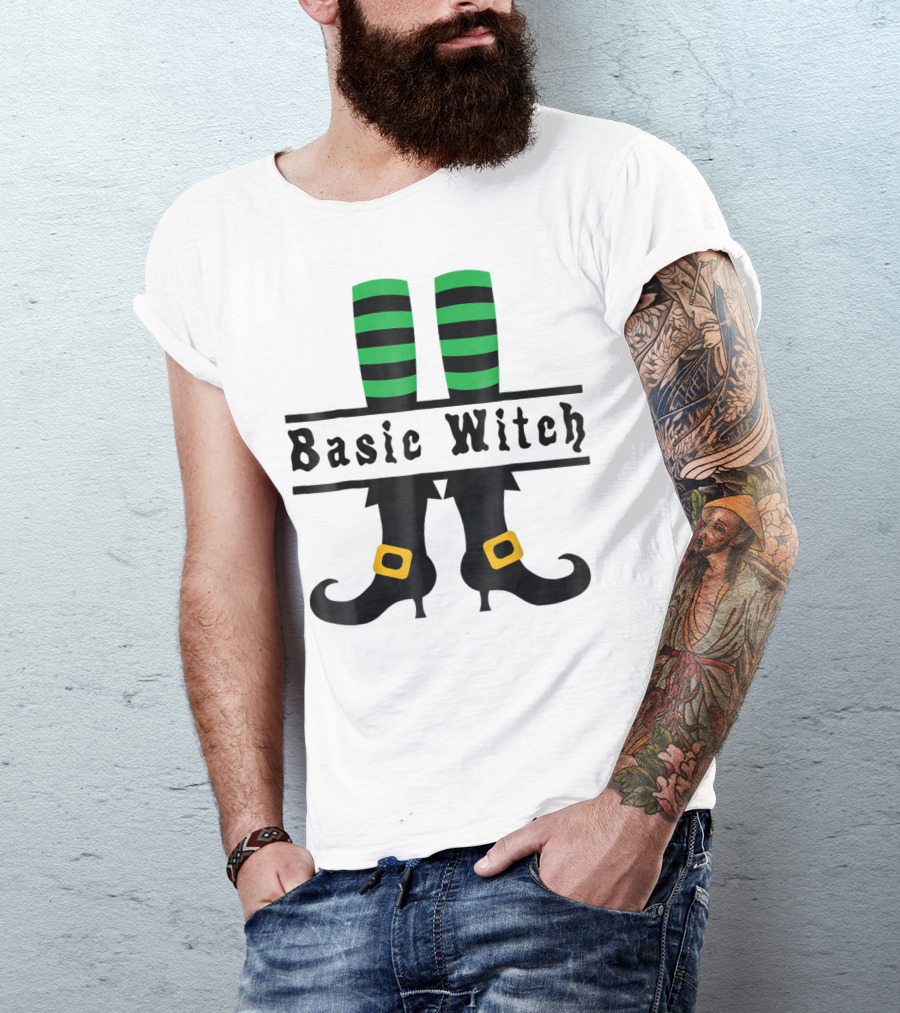 Basic Witch Green Striped Stockings With Buckled Shoes Halloween T-Shirt