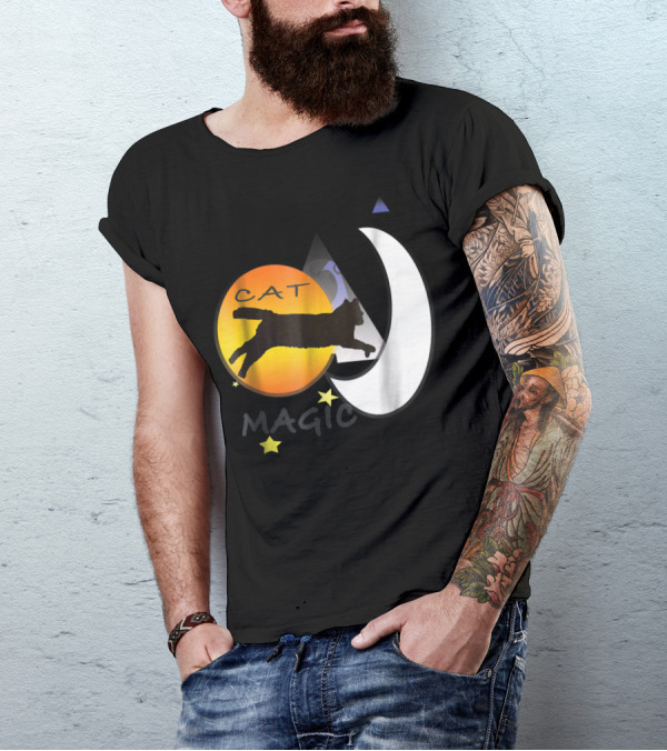 Cat Magic Halloween Black Cat Moon Stars T-Shirt