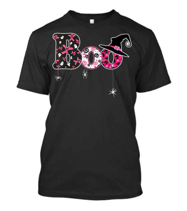 Boo Breast Cancer Awareness Month Halloween Spiders Witch Hat Pink T-Shirt