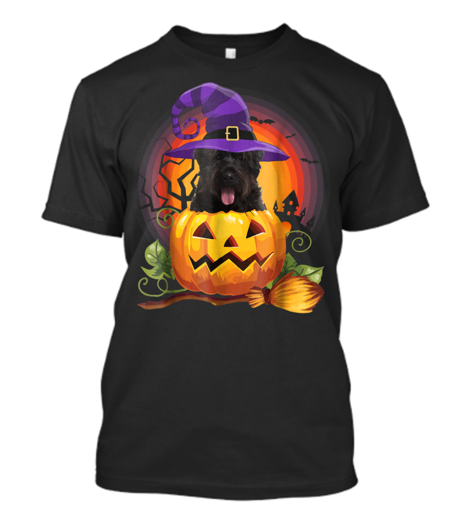 Halloween Bouvier Des Flandres Pumpkin Dog Witch Hat Broomstick Jack-O'-Lantern T-Shirt