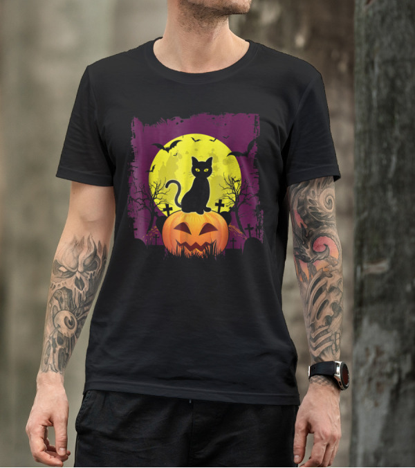 Halloween Cute Kitty Black Cat Pumpkin Full Moon Night T-Shirt