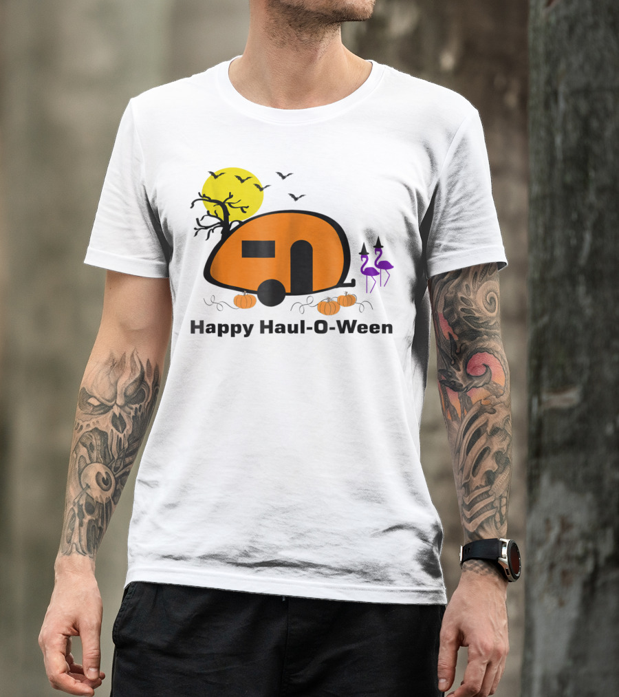 Happy Haul-O-Ween Camping With Pumpkins And Flamingos T-Shirt