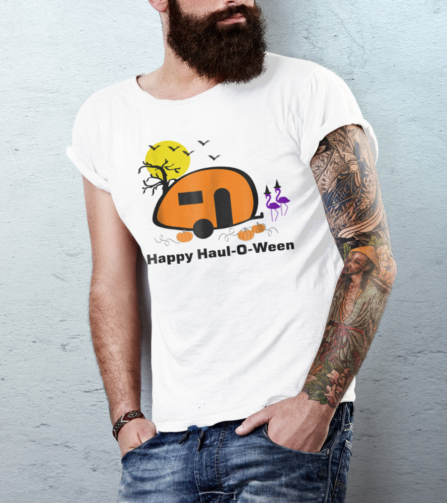 Happy Haul-O-Ween Camping With Pumpkins And Flamingos T-Shirt