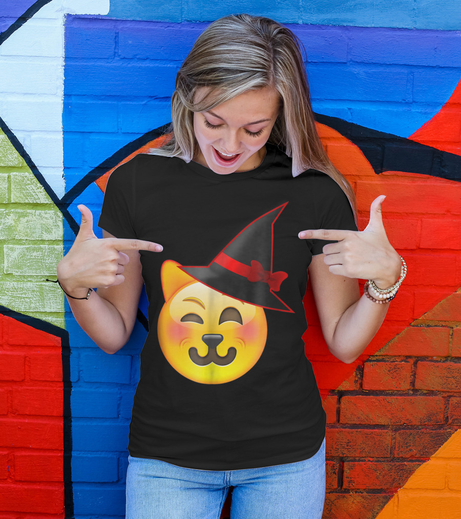 Halloween Winking Cat Emoji Witch Hat T-Shirt