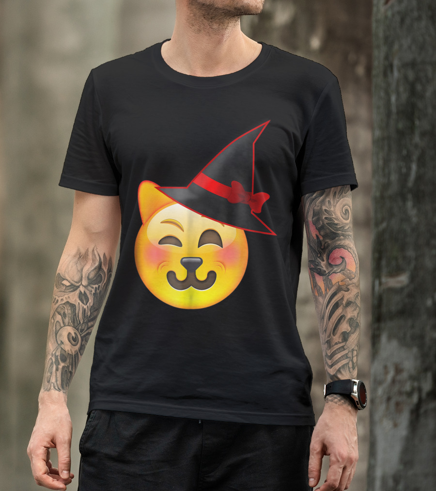 Halloween Winking Cat Emoji Witch Hat T-Shirt