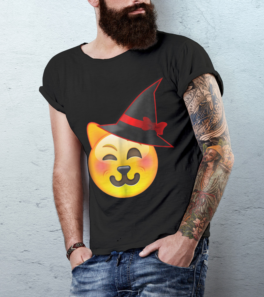 Halloween Winking Cat Emoji Witch Hat T-Shirt