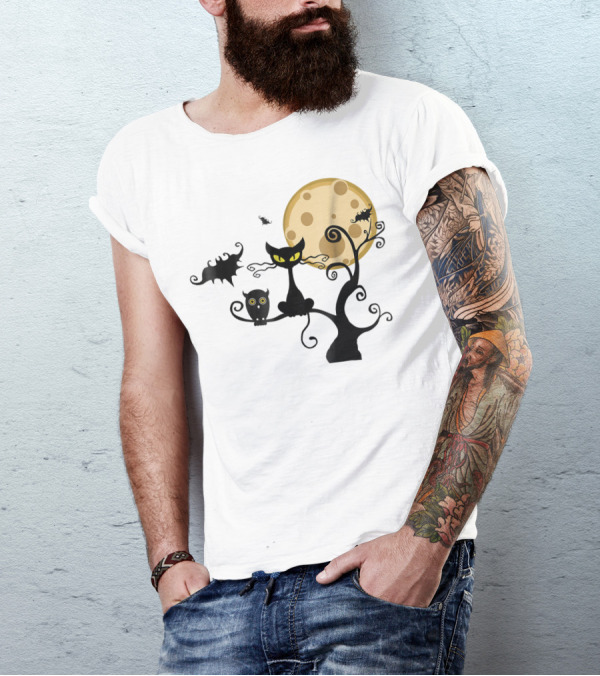Halloween Cat Owl Bat Tree Moon Birthday Night Scene T-Shirt