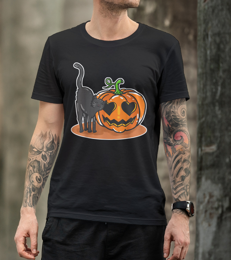 Halloween Pumpkin Cat Heart Eyes Love T-Shirt