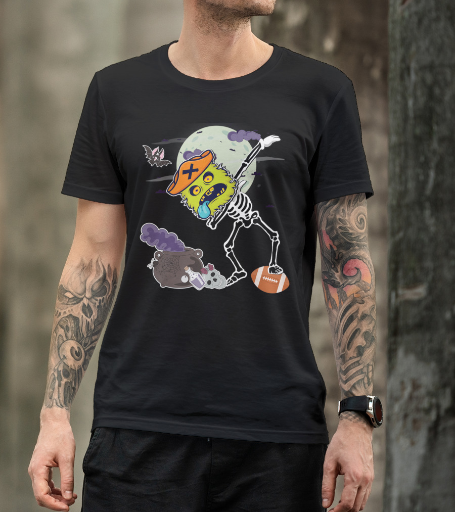 Halloween Dab Pirate Monster Football Skeleton With Moon And Bat T-Shirt