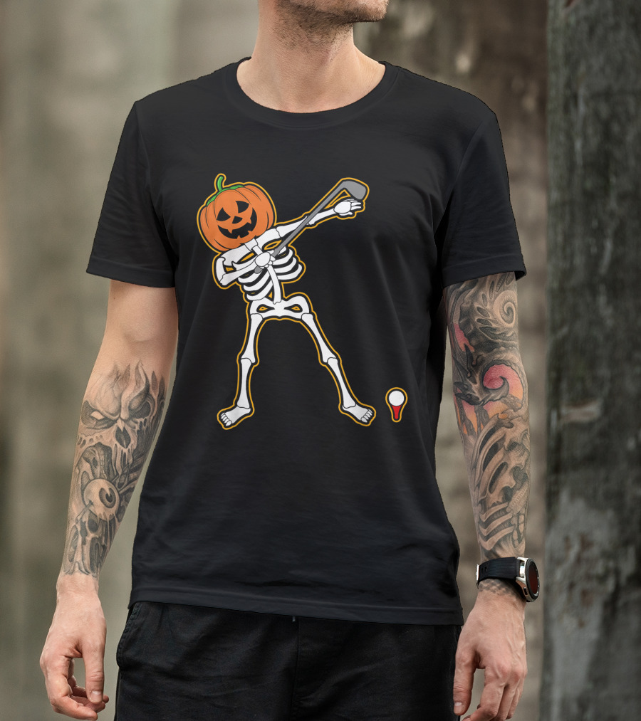 Halloween Golfer Skeleton Pumpkin Head Dabbing Golfing Cute T-Shirt