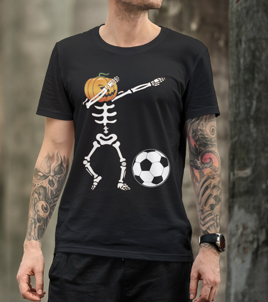 Halloween Dabbing Skeleton Pumpkin Head And Soccer Ball T-Shirt
