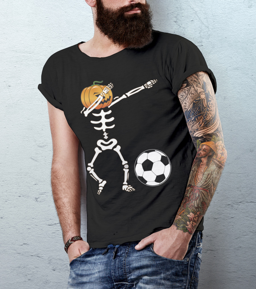 Halloween Dabbing Skeleton Pumpkin Head And Soccer Ball T-Shirt