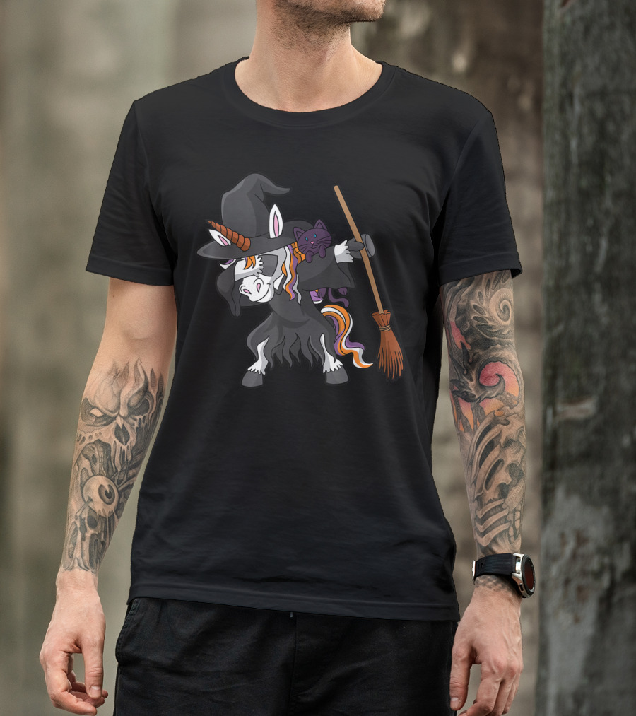 Halloween Dabbing Unicorn Witch With Cat Broom T-Shirt
