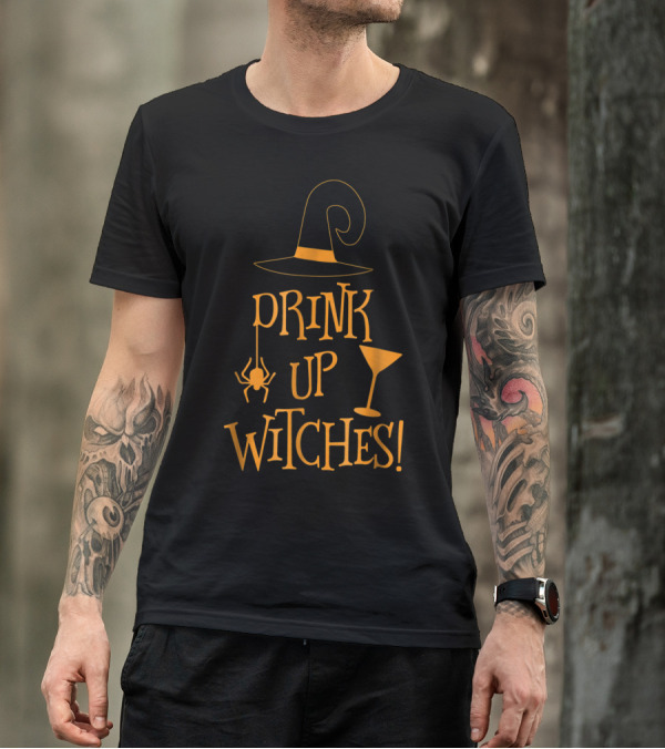 Drink Up Witches Funny Halloween Spider Glass Hat T-Shirt