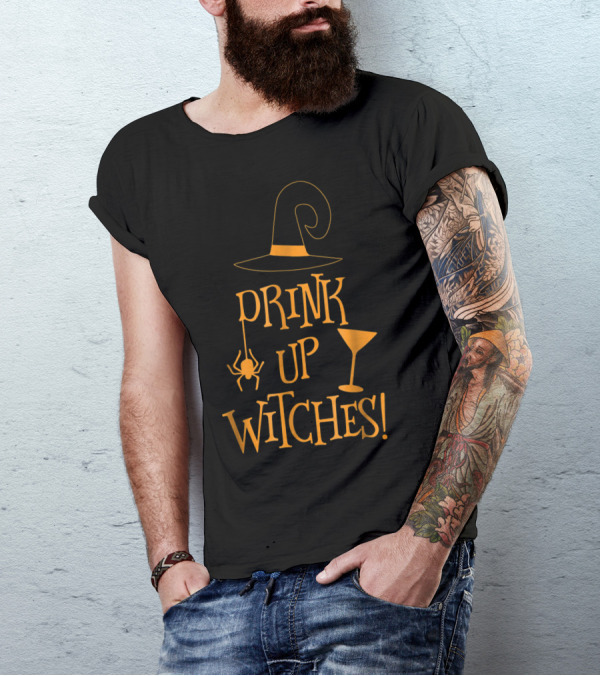 Drink Up Witches Funny Halloween Spider Glass Hat T-Shirt