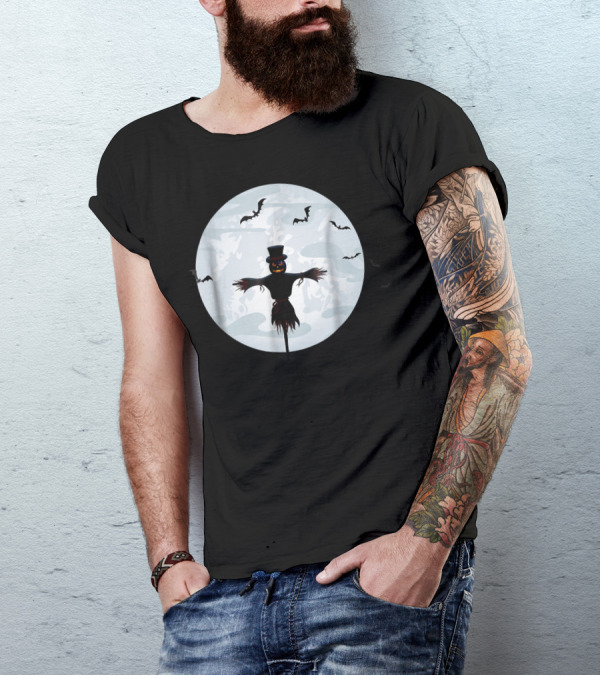 Spooky Halloween Scarecrow With Full Moon And Flying Bats T-Shirt