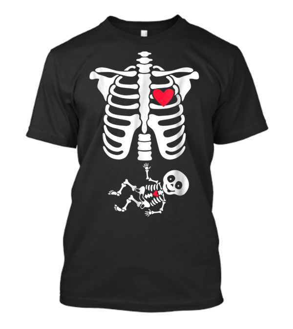 Halloween Funny Mommy And Baby Skeleton With Heart Graphics T-Shirt