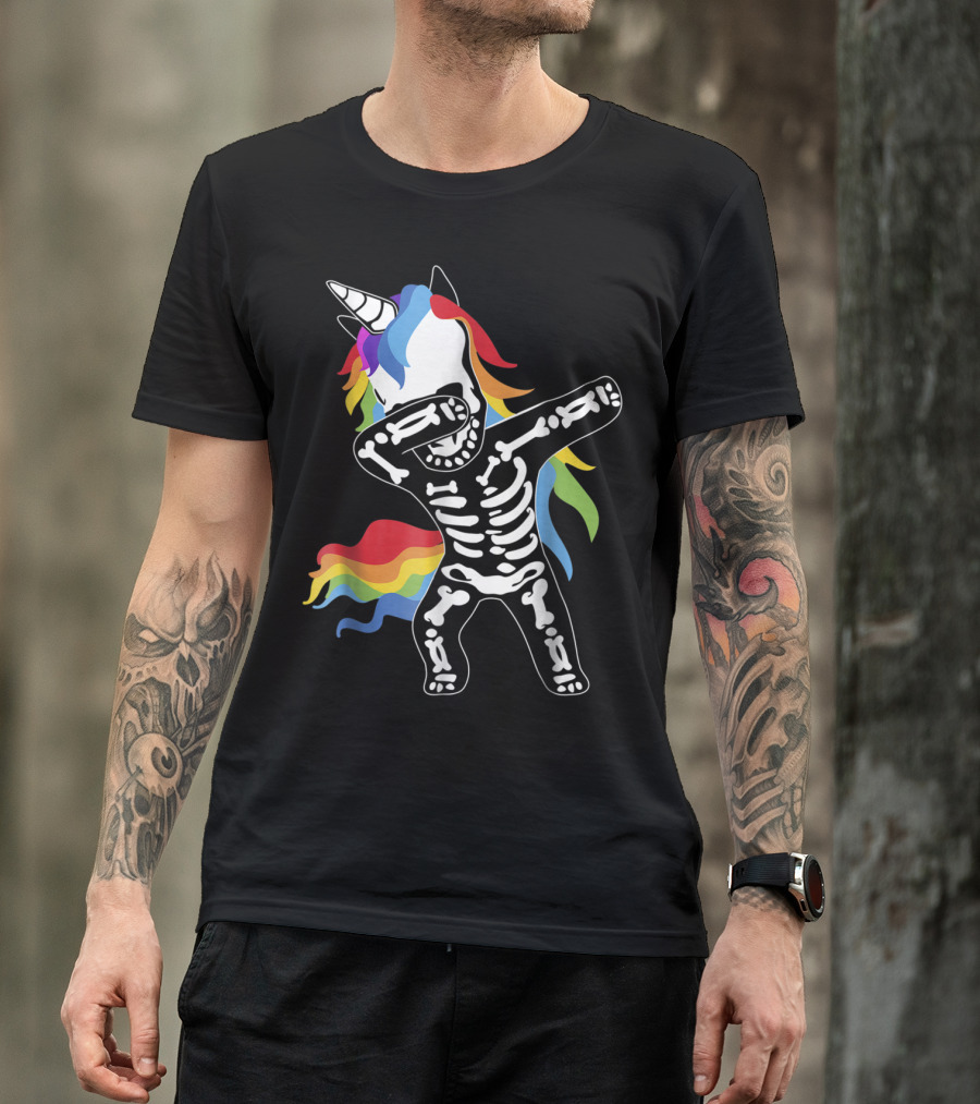 Halloween Funny Skeleton Dabbing Unicorn Rainbow Dab T-Shirt