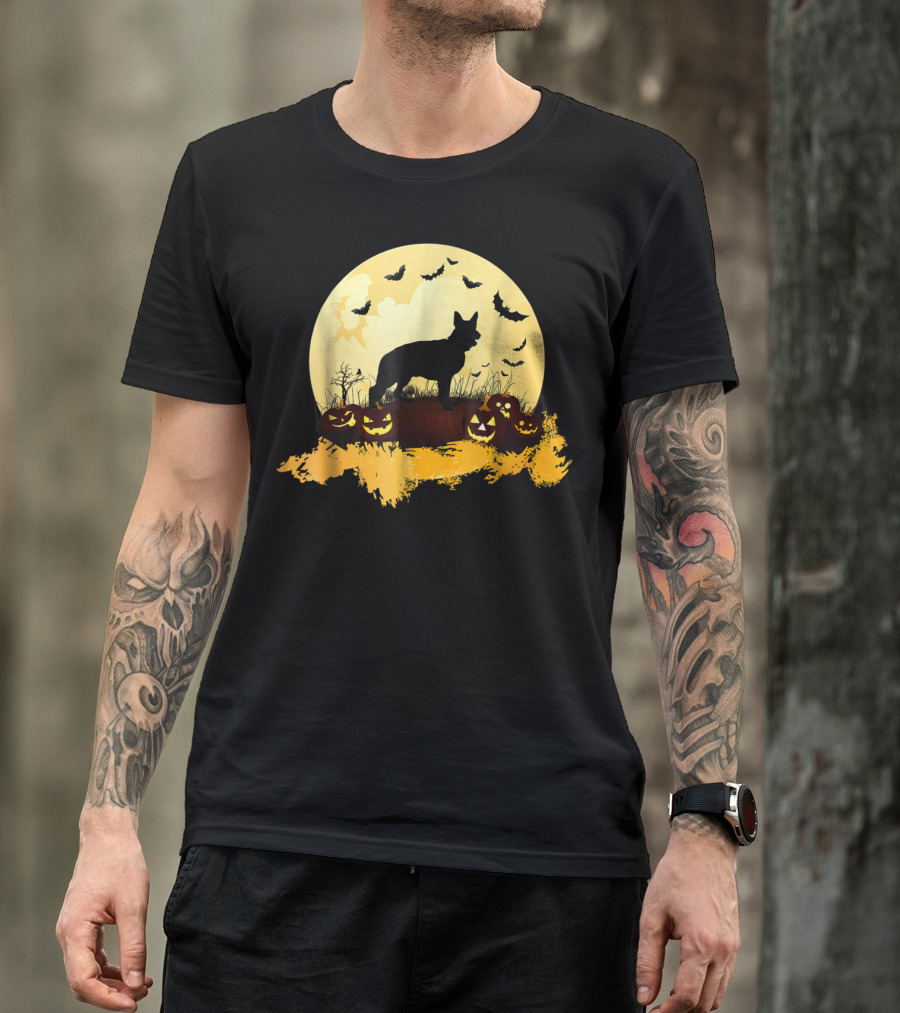 German Shepherd Silhouette Halloween Full Moon Pumpkins Bats T-Shirt