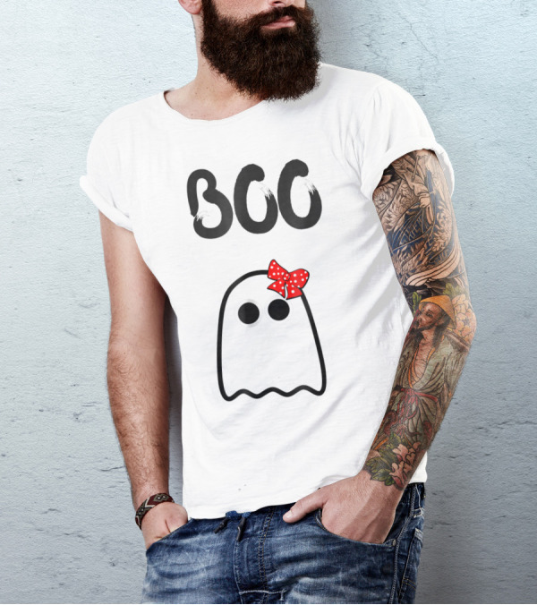 BOO Ghost With Red Polka Dot Bow Halloween Emoji T-Shirt