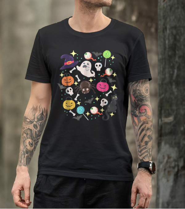 Halloween Fun Pumpkin Cat Ghost Candy Bat Skull Witch Hat Bone Lollipop T-Shirt