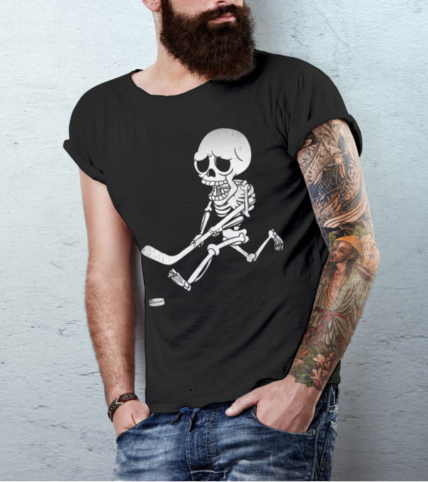 Halloween Ice Hockey Skeleton Playing Puck T-Shirt