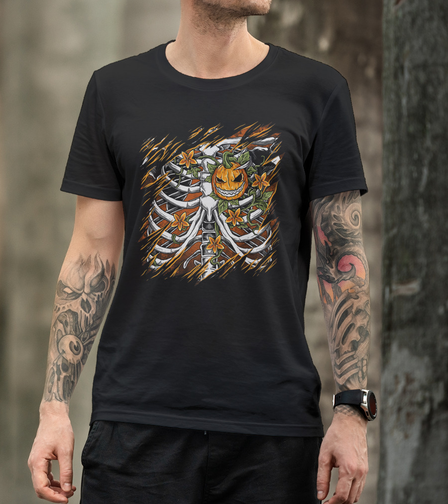 Skeleton Ribcage With Pumpkin And Flowers Halloween Is My Life T-Shirt