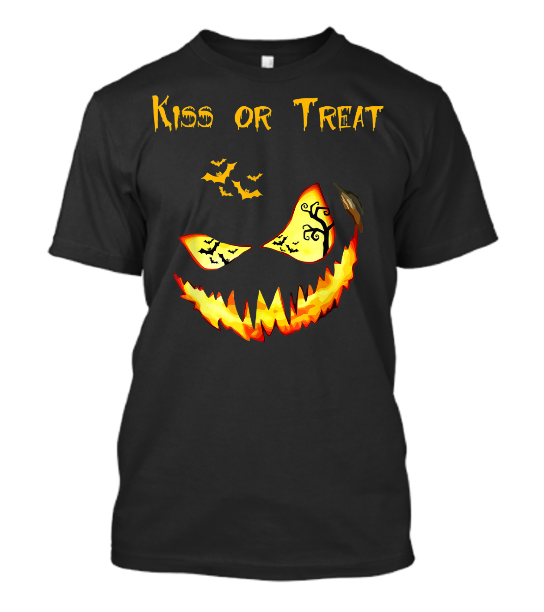 Kiss Or Treat Jack-O'-Lantern With Bats Halloween Pumpkin T-Shirt