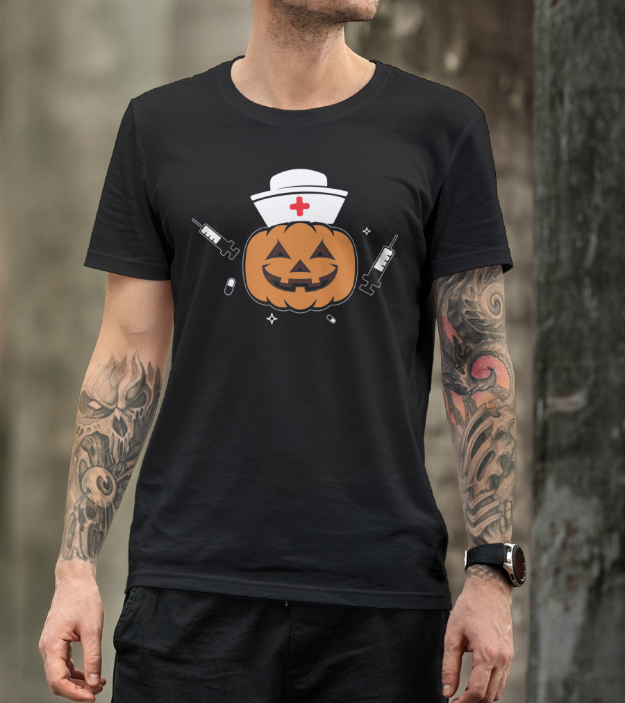 Halloween Nurse Pumpkin With Syringes Hospital Night T-Shirt