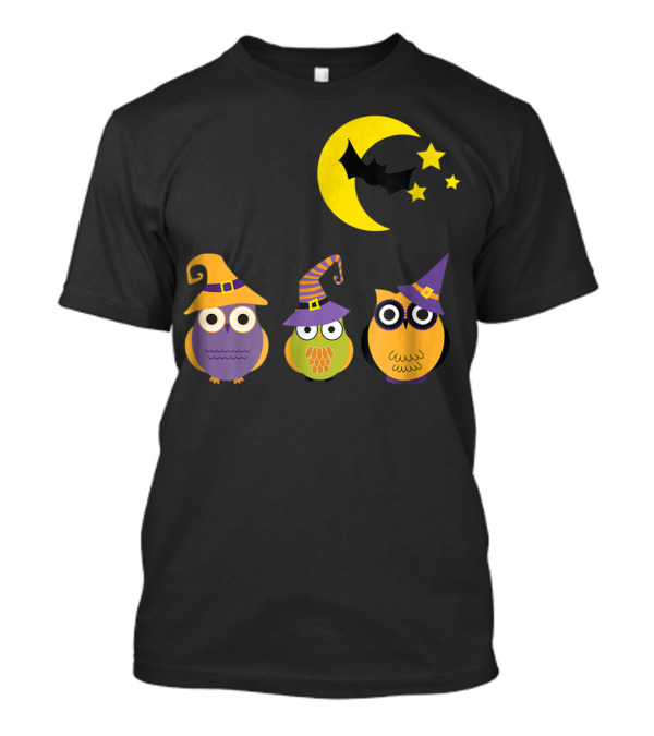 Halloween Owl Moon Bat Stars Witches Hat Trio T-Shirt