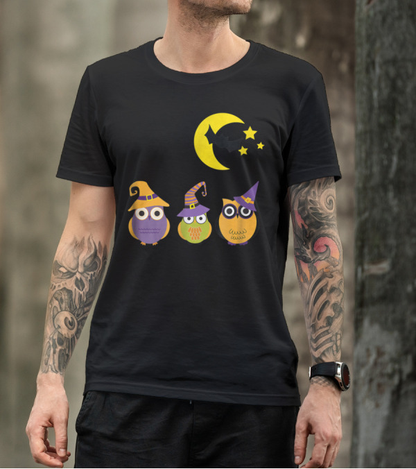 Halloween Owl Moon Bat Stars Witches Hat Trio T-Shirt