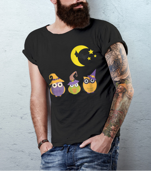 Halloween Owl Moon Bat Stars Witches Hat Trio T-Shirt