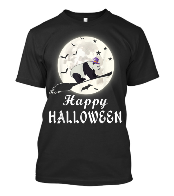 Happy Halloween Panda Bear Riding Broomstick Moon T-Shirt
