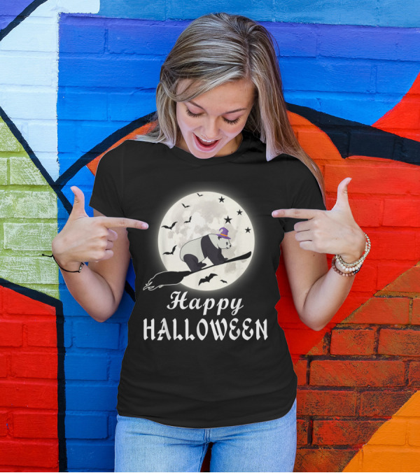 Happy Halloween Panda Bear Riding Broomstick Moon T-Shirt