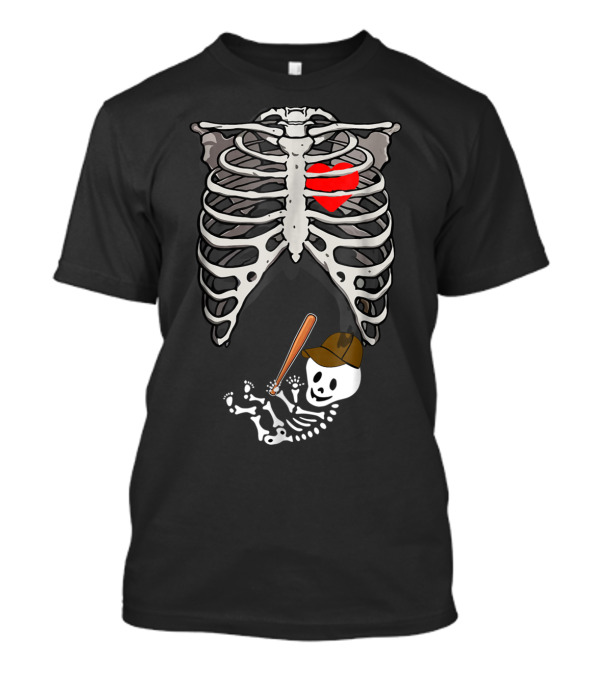 Skeleton Ribcage With Heart And Baseball Pitcher Skeleton Baby Halloween T-Shirt