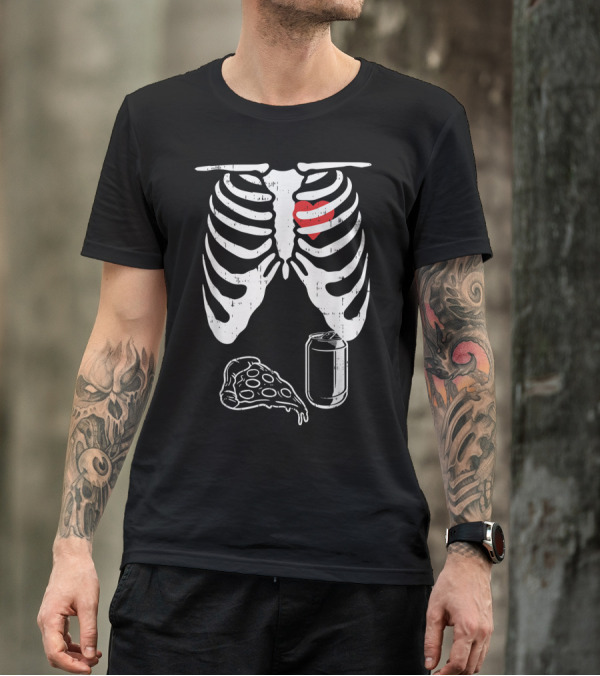 Halloween Pregnancy Skeleton Dad Husband Pizza Ribs Heart Soda T-Shirt