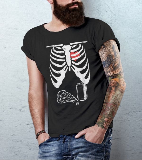 Halloween Pregnancy Skeleton Dad Husband Pizza Ribs Heart Soda T-Shirt